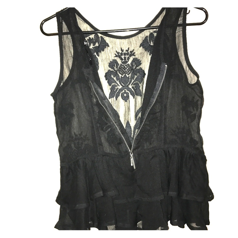 GUESS Sheer Ruffle Lace Zip Back Top XS - Picture 3 of 4